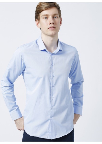GM2024700271 Klasik Yaka Slim Fit Armürlü Mavi Erkek Gömlek fırsatları