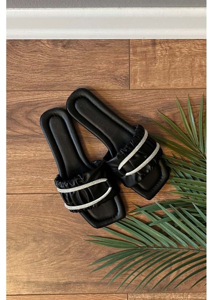 Alex Büzgülü Taş Işleme Kemerli Terlik - Siyah - 36