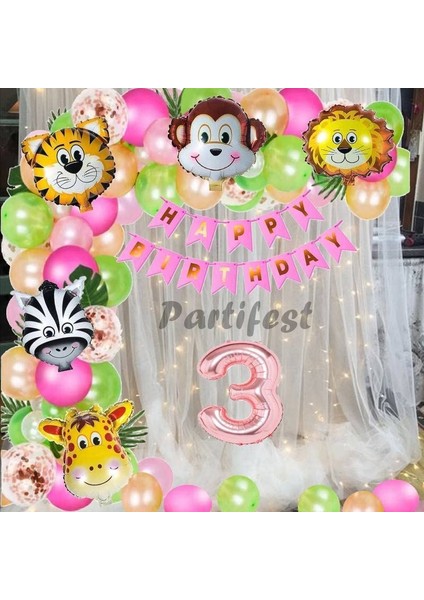 Kız Çocuk Safari Hayvanlar 3 Yaş Balon Set Pembe Safari Helyum Balon Set Safari Doğum Günü Set