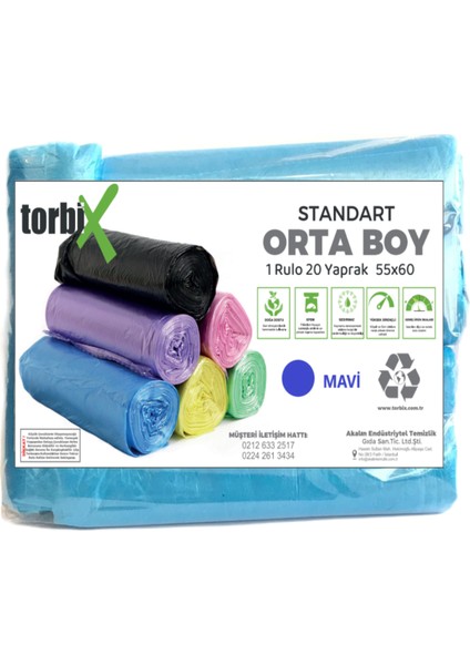 Çöp Poşeti Orta Boy 55*60 Mavi 5 Rulo 5*20 Toplam 100 Adet