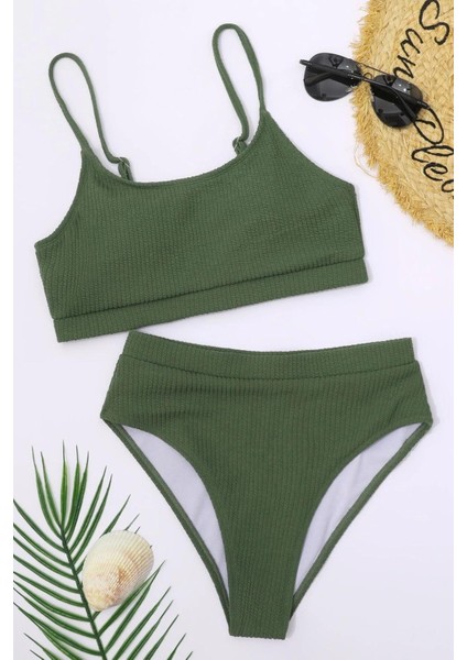 Yüksek Bel Özel Kumaş Tankini Bikini Takım