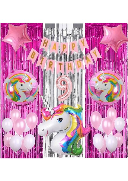 Gökkuşağı Unicorn Konsept 9 Yaş Balon Doğum Günü Set Gökkuşağı Unicorn Yaş Balon Set