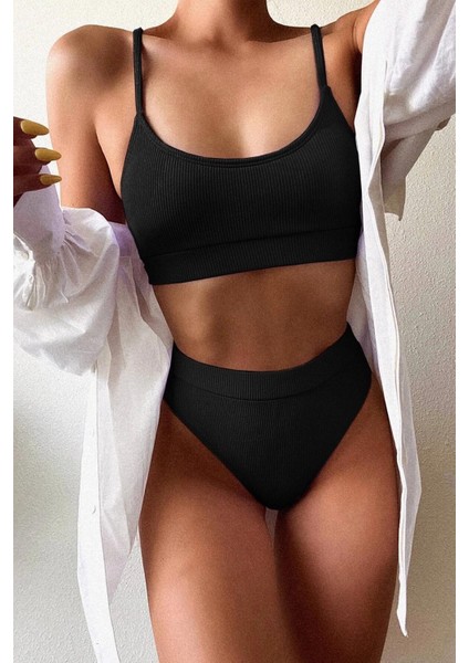 Yüksek Bel Fitilli Kumaş Tankini Bikini Takım