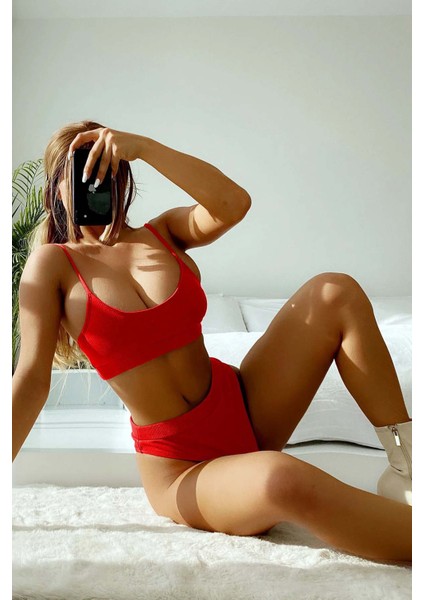 Yüksek Bel Fitilli Kumaş Tankini Bikini Takım