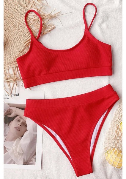 Yüksek Bel Fitilli Kumaş Tankini Bikini Takım