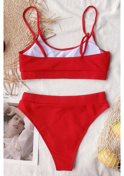 Yüksek Bel Fitilli Kumaş Tankini Bikini Takım