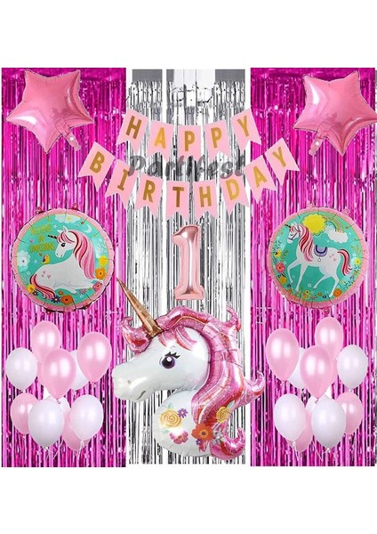 Pembe Unicorn Konsept 1 Yaş Balon Set Gökkuşağı Unicorn Doğum Günü Yaş Balon Set