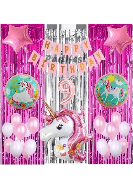 Pembe Unicorn Konsept 9 Yaş Balon Set Gökkuşağı Unicorn Doğum Günü Yaş Balon Set
