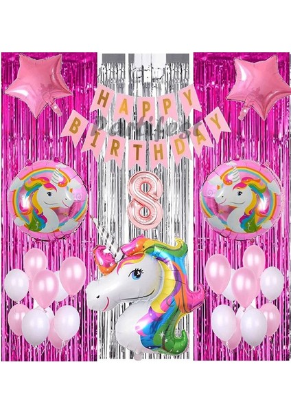 Gökkuşağı Unicorn Konsept 8 Yaş Balon Doğum Günü Set Gökkuşağı Unicorn Yaş Balon Set