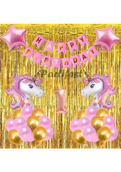 Pembe Unicorn Konsept 1 Yaş Balon Doğum Günü Set Gökkuşağı Unicorn Yaş Balon Set