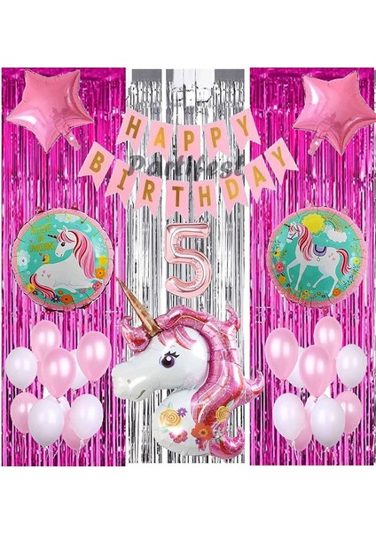 Parti Station Pembe Unicorn Konsept 5 Yaş Balon Set Gökkuşağı Unicorn Doğum Günü Yaş Balon Set