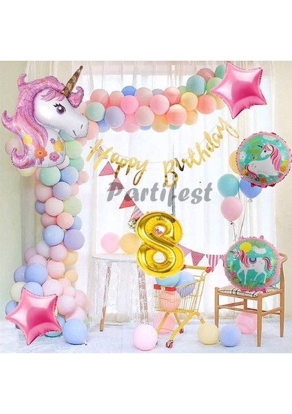 Unicorn Konsept 8 Yaş Balon Doğum Günü Set Tek Boynuzlu At Unicorn Yaş Balon Set