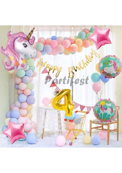 Unicorn Konsept 4 Yaş Balon Doğum Günü Set Tek Boynuzlu At Unicorn Yaş Balon Set