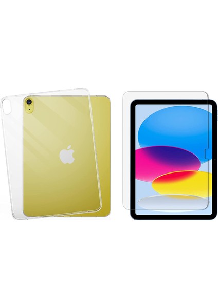 Apple iPad 10. Nesil 2022 10.9'' Şeffaf Silikon Kılıf + Nano Cam Ekran Koruyucu Set