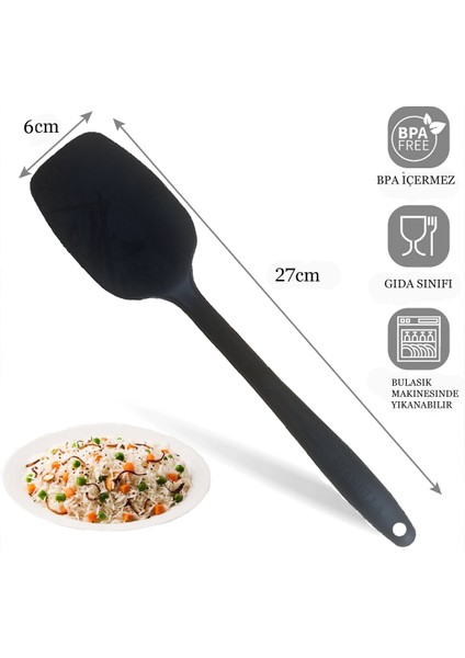 Yanmaz Yapışmaz Silikon Spatula Yassı Kaşık Seti 6lı Siyah 27cm