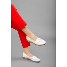 Dilimler Ayakkabı Püsküllü Cilt Beyaz Kadın Günlük Ayakkabı