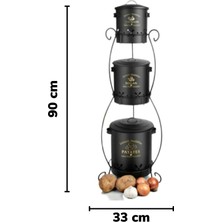 Piev Metal 3 Katlı Ferforje Patates Soğan Sarımsak Kabı Düzenleyici Organizer Siyah