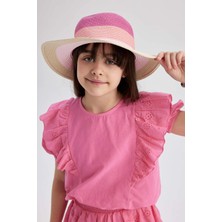 DeFacto Kız Çocuk Hasır Şapka Fiyonklu Pembe ve Bej Renkli Şık Tasarım