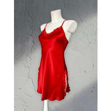 Gece İncisi Kırmızı Dantel Detaylı Saten Gecelik