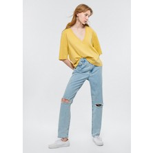 Mavi Kadın HAPPY Eskitilmiş Mavi Yırtıklı Jean Pantolon 101453-84409