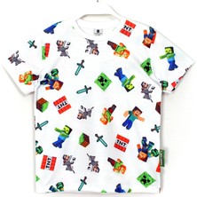 DobaKids 360 Derece Minecraft Karakterleri Desenli Erkek Çocuk T-Shirt Beyaz