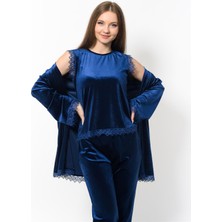 Nuseel Kadın Kadife 3'lü Gecelik Takım Lacivert