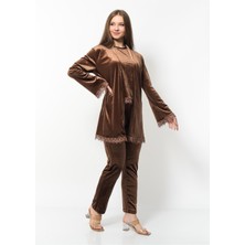 Nuseel Kadın Kadife 3'lü Gecelik Takım Kahverengi