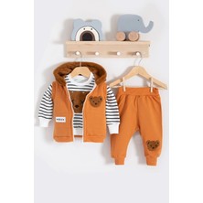 Babydonat Peluş Ayıcık Desenli Kapişonlu 3'lü Erkek Bebek Takımı
