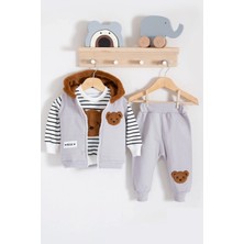 Babydonat Peluş Ayıcık Desenli Kapişonlu 3'lü Erkek Bebek Takımı