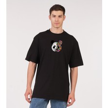 to Cosmos Oversize T-Shirt Renkli Yarım Yüz Panda Siyah