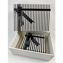 Aura Gift Shop 2li Takım, Siyah Fiyonklu, Siyah Beyaz Çizgili Renk Hediye Kutusu, Gelin, Damat, Çeyiz Kutusu