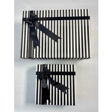 Aura Gift Shop 2li Takım, Siyah Fiyonklu, Siyah Beyaz Çizgili Renk Hediye Kutusu, Gelin, Damat, Çeyiz Kutusu
