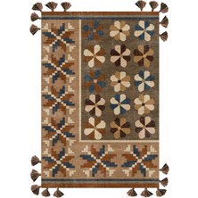 Rugs Modern mira 1147 Taba Kahve ve Mavi Renk Etnik Çiçek Tema Saçaklı Dokuma Taban Halı