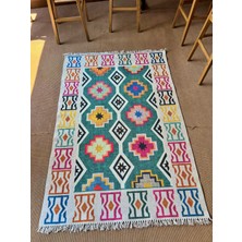 Rugs Modern Cotton 554 Etnik Desenli Dokuma Taban Yeşil Çok Renkli Kilim