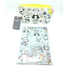 Helis Hediyelik Kırtasiye Seti A5 Boy Simli/sulu Şeffaf Panda Temalı Defter + Şeffaf Kalemlik Set
