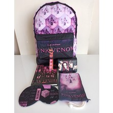 Alanç Gift Black Pink Venom Baskılı Okul Sırt Çantası, Defter, Kalemlik, Para Cüzdanı, Göz Bandı, Hediye Seti