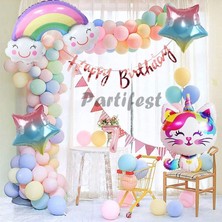 Parti Station Unicorn Kedi Kitty Rakam Konsept 7 Yaş Balon Doğum Günü Set Yaş Balon Set