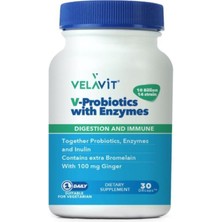 Velavit V-Probiotics With Enzymes 30 Kapsül Probiyotik, Enzim, Inulin ve Zencefil Içeren Takviye Edici Gıda