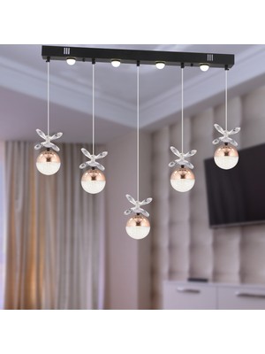 Apliqa Lokken 5'li Sıralı Bakır 50 Watt Kristal Ledli Modern Oturma Odası Salon Sarkıt Avize