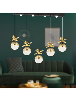 Apliqa Lokken 5'li Sıralı Gold 50 Watt Kristal Ledli Modern Oturma Odası Salon Sarkıt Avize