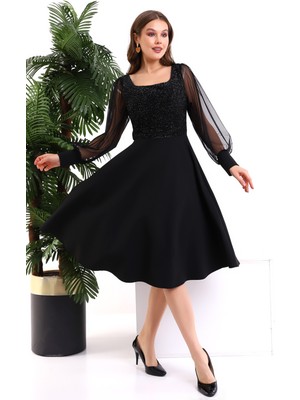 Fasmia Siyah Simli Yovarlak Yaka Elbise F119 Uzun Kol Kloş Kesim Kadın Modası