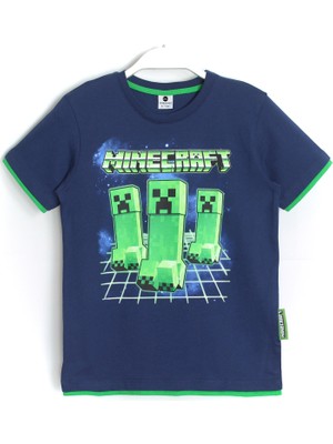 DobaKids Biye Detaylı Erkek Çocuk Minecraft Creeper Baskılı T-Shirt Lacivert