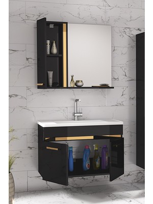 Alfa Banyo Yeni Gold Siyah 80 cm Lavabolu Banyo Dolabı Takımı**demonte Değil**