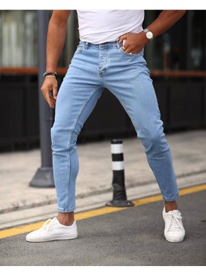 WE11 Erkek Dar Kesim Likralı Kot Pantolon - Buz Mavisi