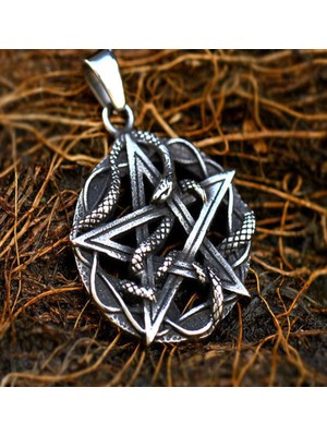 Vikings Kabartma Yılan Detaylı Pentagram Yıldız Kolye ve Zincir / Pentagram Kolye