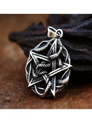 Vikings Kabartma Yılan Detaylı Pentagram Yıldız Kolye ve Zincir / Pentagram Kolye