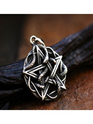 Vikings Kabartma Yılan Detaylı Pentagram Yıldız Kolye ve Zincir / Pentagram Kolye