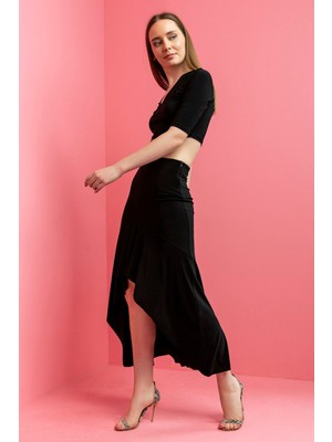 Laranor Volanlı Asimetrik Etek 36 - Siyah