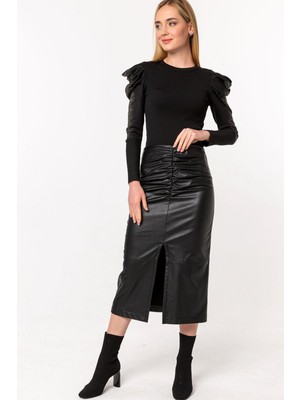 Laranor Büzgü Detay Yırtmaçlı Şardolu Deri Etek 40 - Siyah