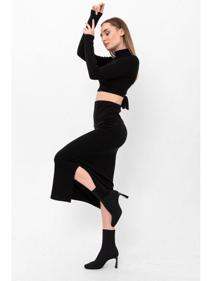 Laranor Yırtmaçlı Midi Triko Etek 46 - Siyah